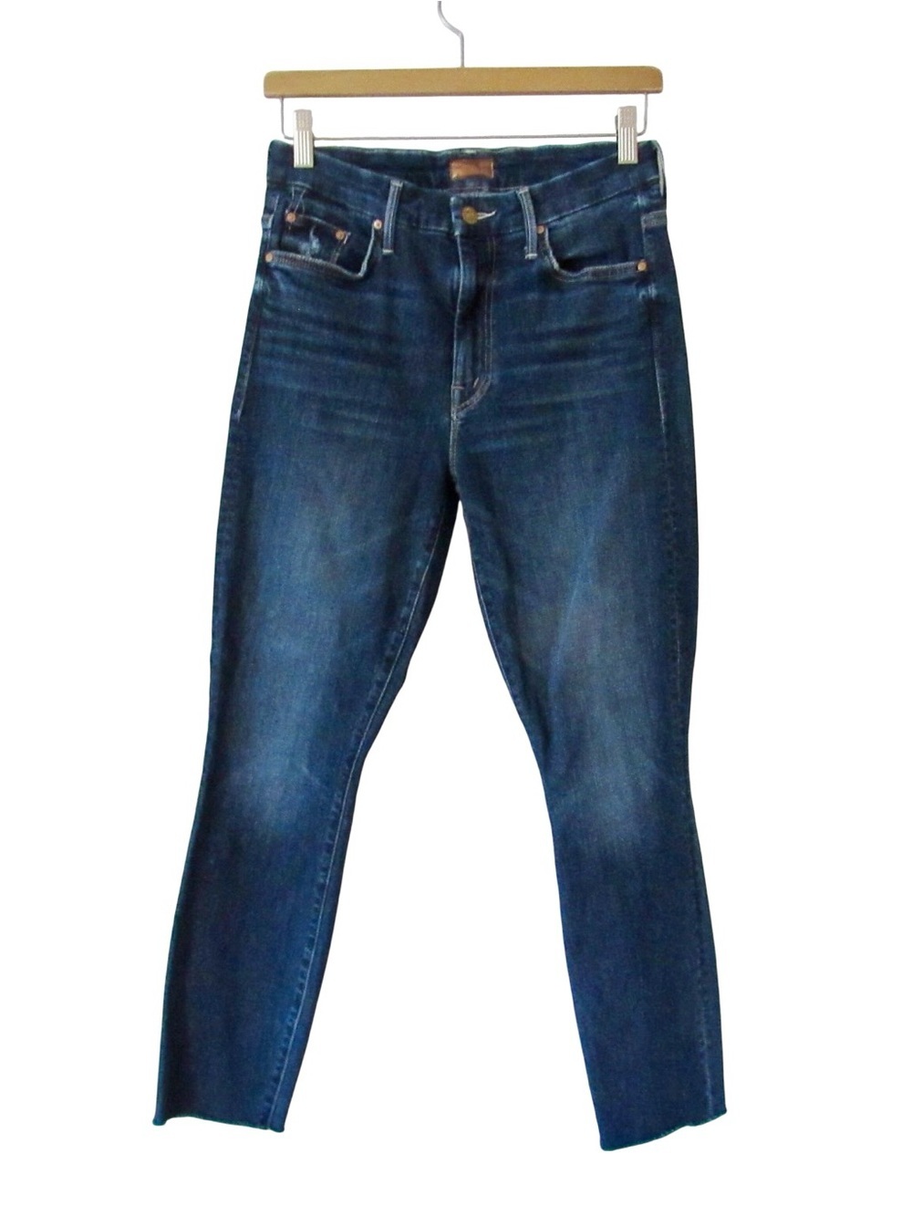 Mother High Waisted Looker Jeans 27 Teaming Up Dark Wash Fitted Ankle Frayed Hem